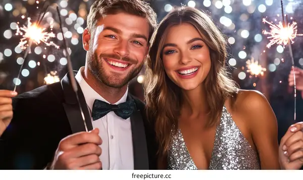 Happy New Year Celebration Couple with Sparkler