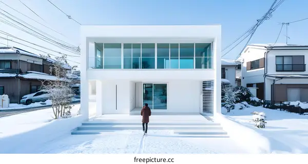Modern White House with Woman in Winter
