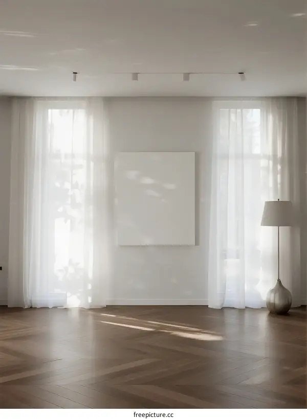 Minimalist Living Room with White Canvas and Floor-to-Ceiling Curtains