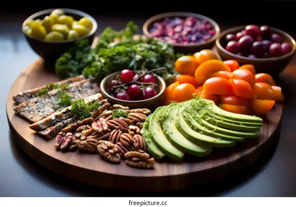 A wooden plate full of healthy food