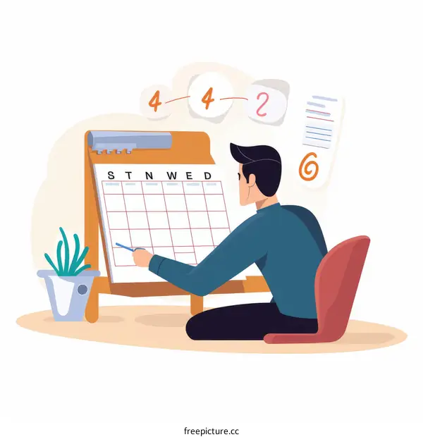 Man plans his schedule on a monthly calendar