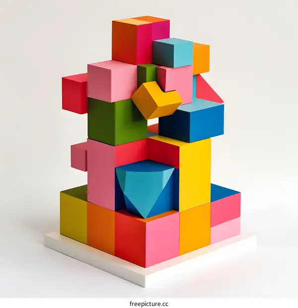 Abstract Colorful Wooden Block Sculpture on White Background