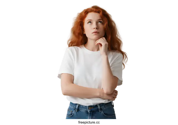 [Transparent Background PNG]Thoughtful young woman with red curly hair in casual white t-shirt