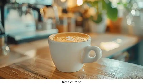 Cappuccino coffee cup on wooden table in coffee shop