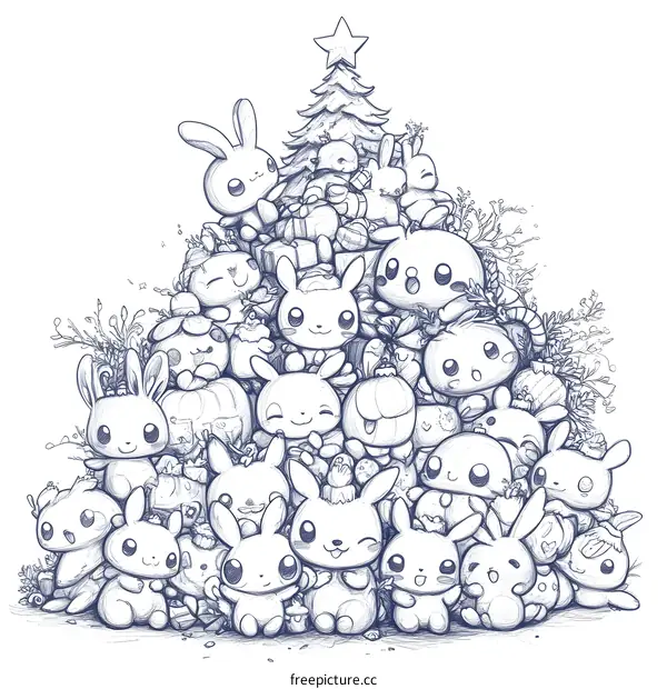 Christmas Tree Filled With Bunnies And Gifts Illustration