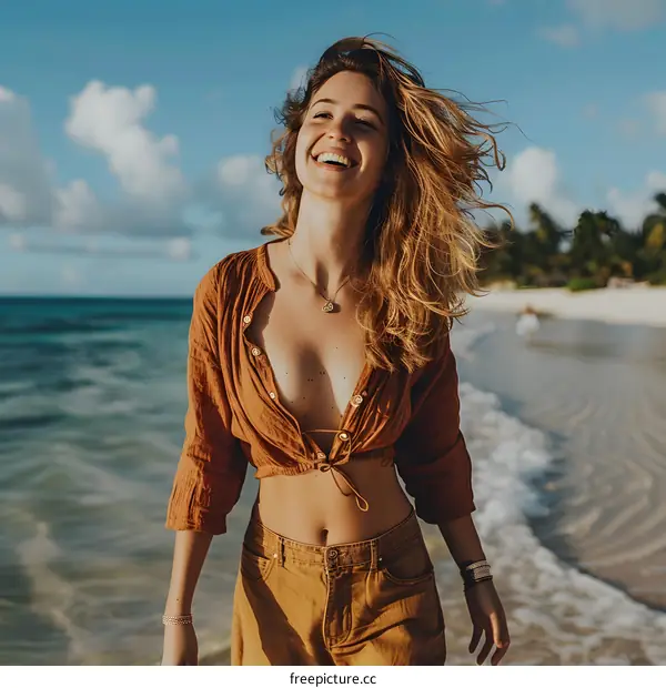 Smiling Woman Walking on Beach in Summer