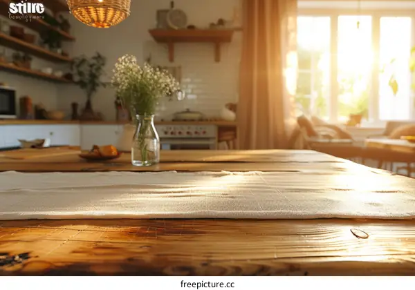 Rustic wooden table with a white runner and a vase of flowers