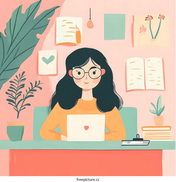 Cute Girl Working on Laptop at Home Office