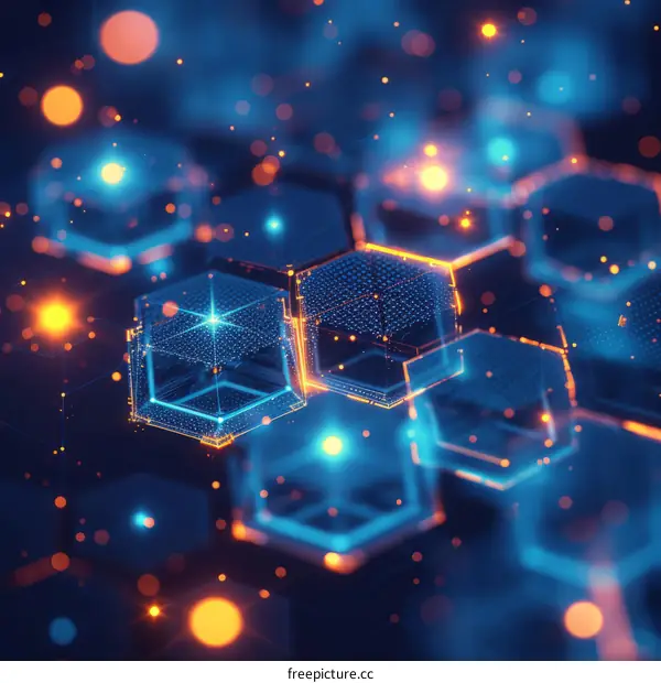 Blue and orange glowing hexagons on a dark blue background