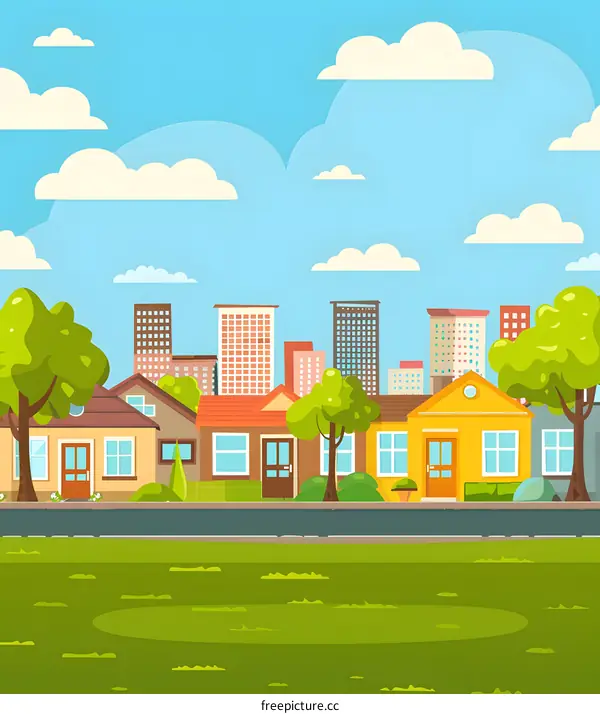 Cartoon Illustration of a Cityscape with Houses and Trees