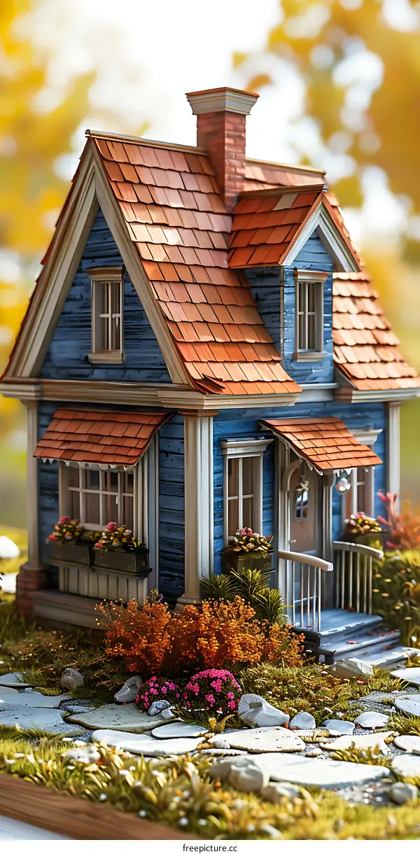 Blue Wooden House with Orange Roof and Stone Path