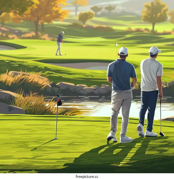 Two golfers looking out at the golf course