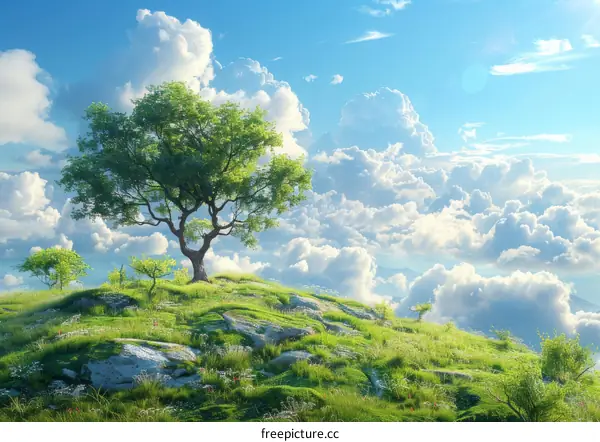 Beautiful Landscape with a Majestic Tree Under a Cloudy Sky