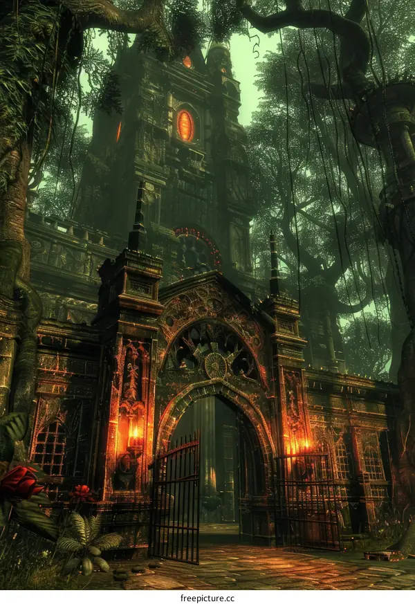 Ancient overgrown temple lost amid dense jungle