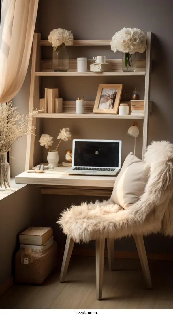 Cozy Home Office with Laptop, Flowers, and Fluffy Chair