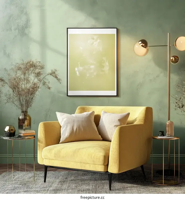 A Living Room with a Soft Yellow Sofa and a Pale Green Wall