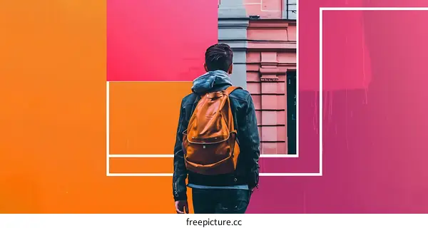 Man with Backpack Walking in Front of Colorful Wall