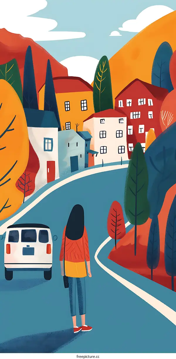 Woman Walking On Road Near Houses And Trees