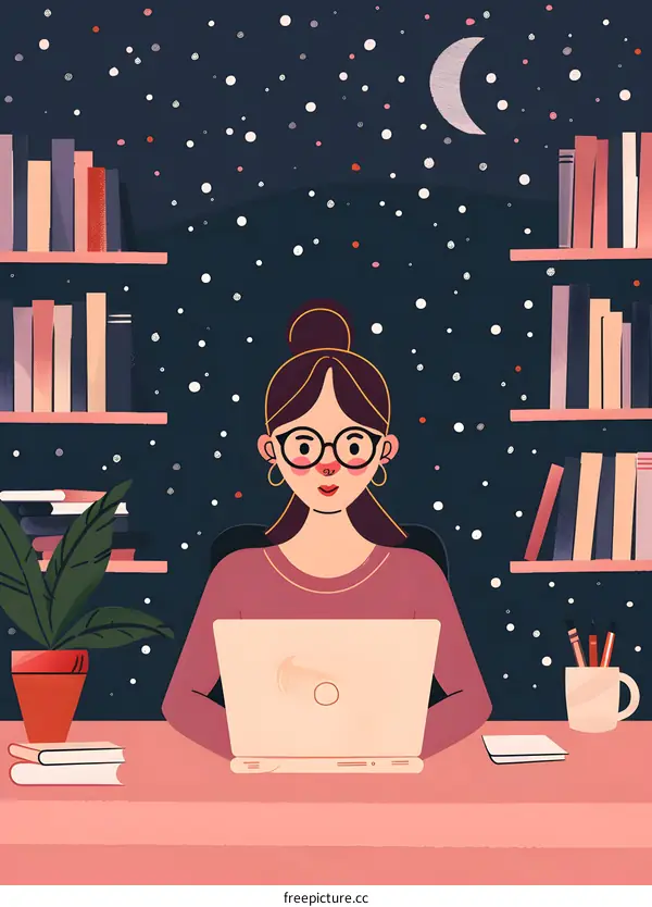 Woman Working on Laptop at Night in Library with Bookshelf and Stars
