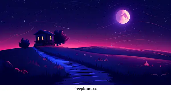 Night Landscape with a Small House and a Big Moon