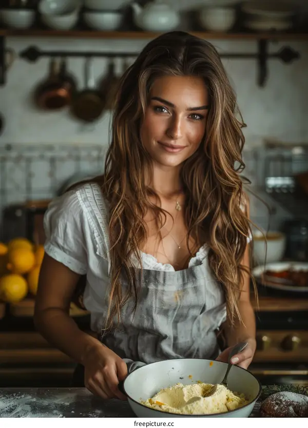 Portrait of a beautiful young woman in the kitchen