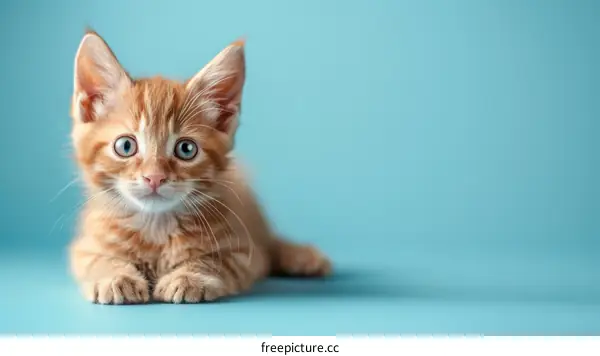 A cute ginger kitten with blue eyes is sitting on a blue background