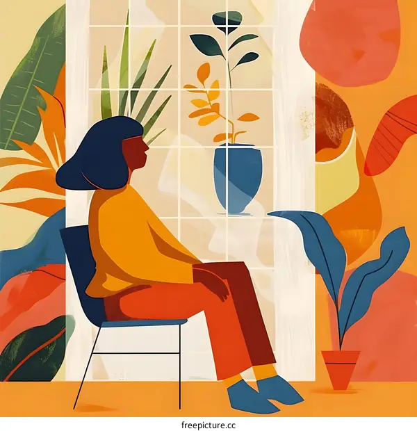 Woman Sitting by the Window with Plants Illustration