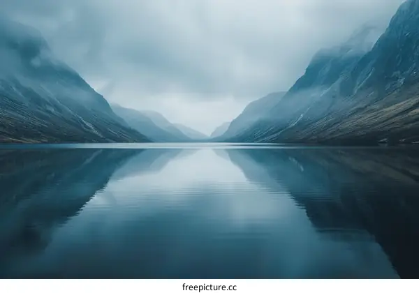 Mountains and lake landscape with fog