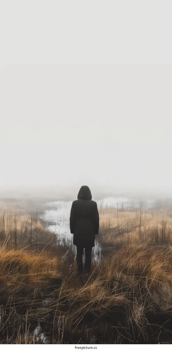 A person standing alone in a foggy field