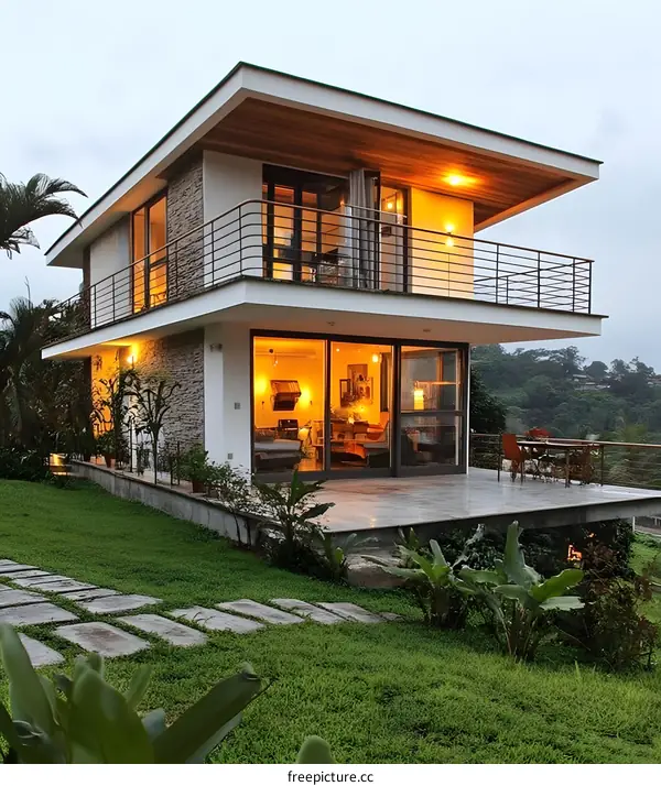 Modern House with a Balcony and a Stone Wall