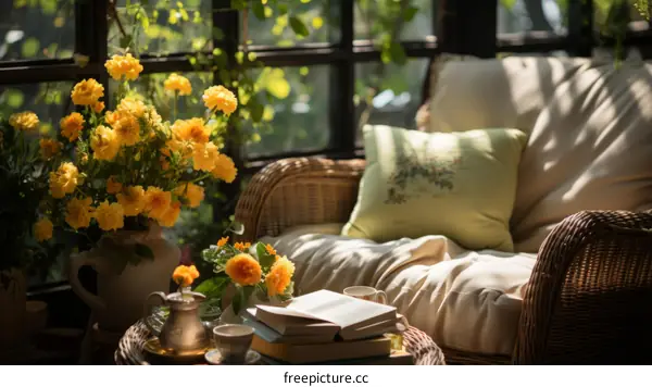 A cozy living space with a wicker chair, flowers, and a book