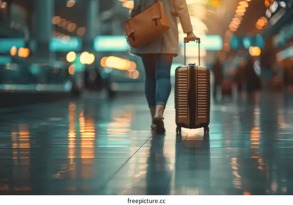 Woman in casual clothes walking in the airport with her luggage