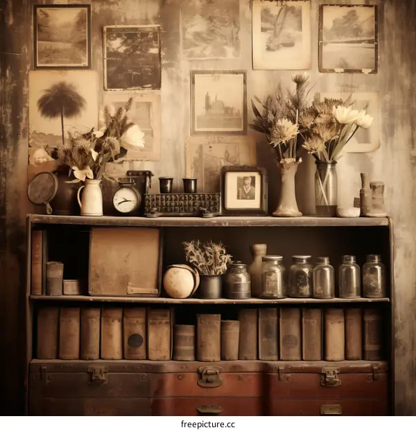 Vintage Bookshelf with Flowers and Old Photos