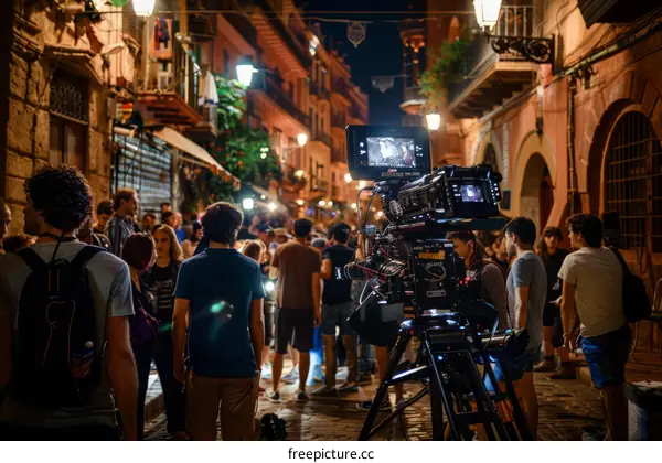 A group of people are watching a movie being filmed on a city street at night