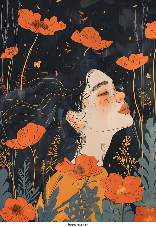 Woman with Closed Eyes in a Field of Poppies