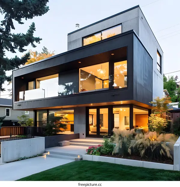 Modern Concrete House with Large Windows and Landscaped Yard