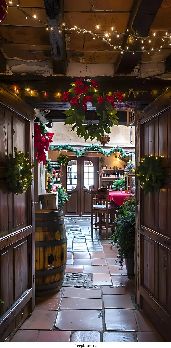 Christmas Lights and Decorations Inside a Cozy Restaurant
