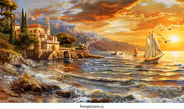Sailing Ship at Sunset with a Castle on the Coast