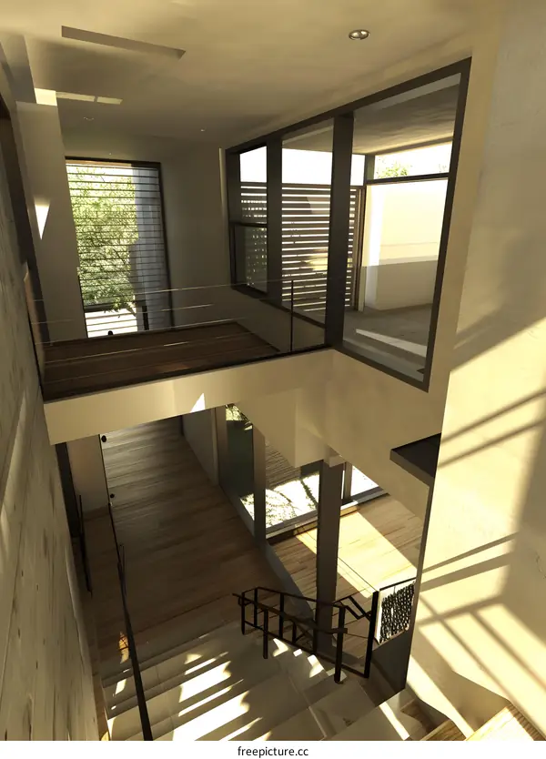 Modern House Interior Design With Staircase And Sunlight