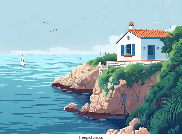 Coastal House with Blue Sky and Sailboat