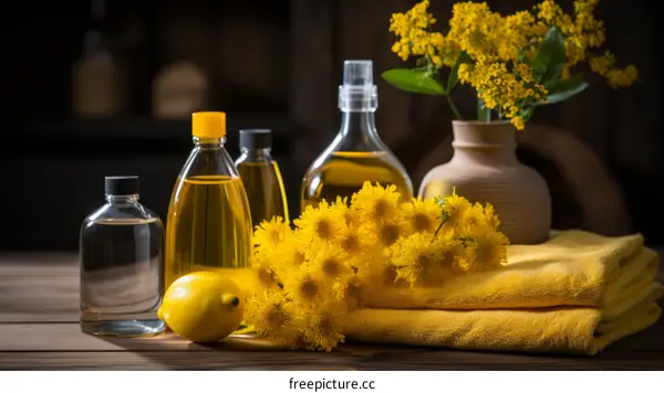Natural and organic skin care products with chamomile flowers and lemon