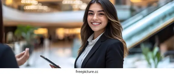 Smiling Business Woman Holding Tablet in Office Building