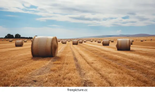Field of hay bales under blue sky