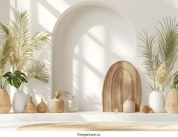 Minimalist Interior Design with Wicker Baskets and Palm Leaves