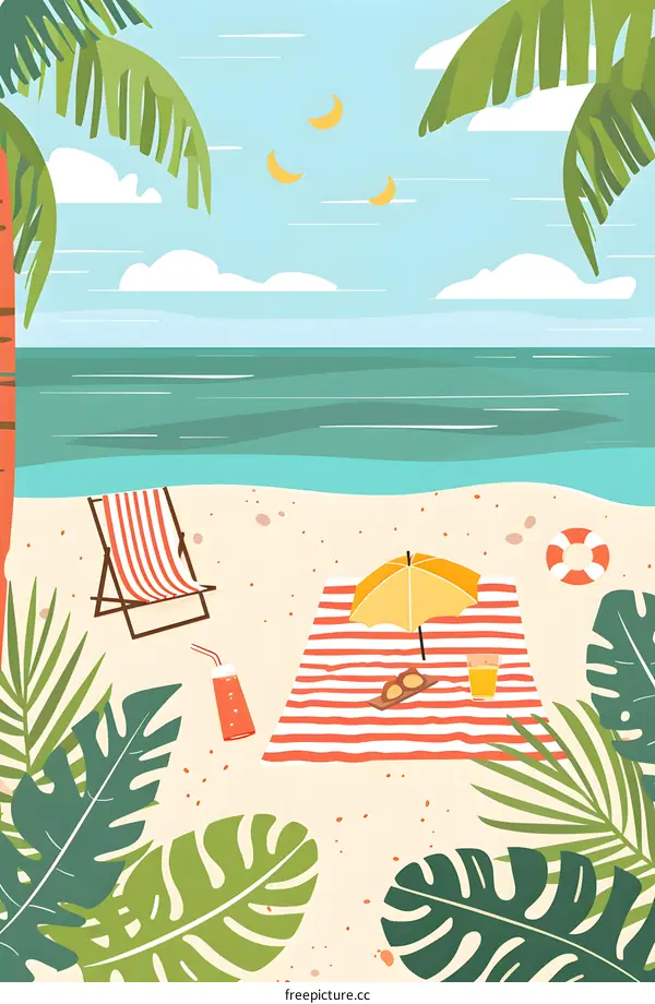 Summer Beach Illustration With Palm Trees And A Beach Blanket