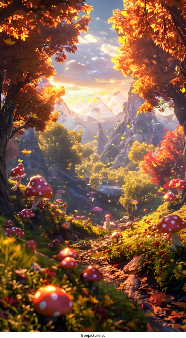 Fantasy Autumn Forest With Mushrooms and Mountains