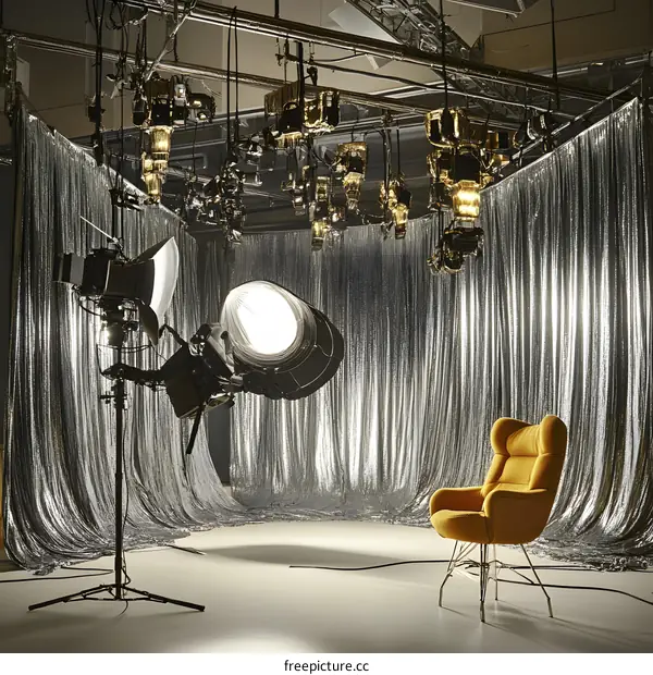 Studio Set with Silver Curtains and Yellow Armchair