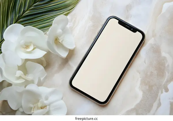 White Orchid Flowers and Phone on Marble Background