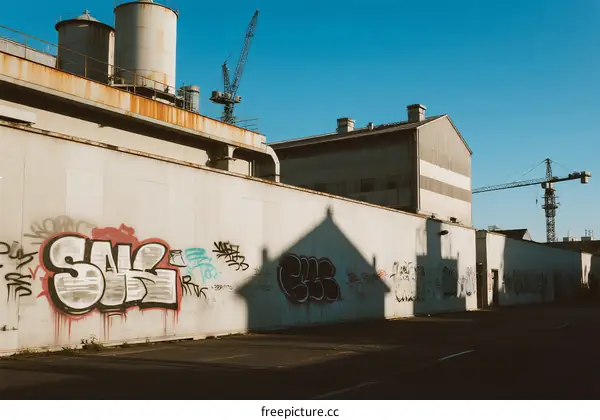 Industrial Building with Graffiti and Construction Cranes in Urban Area