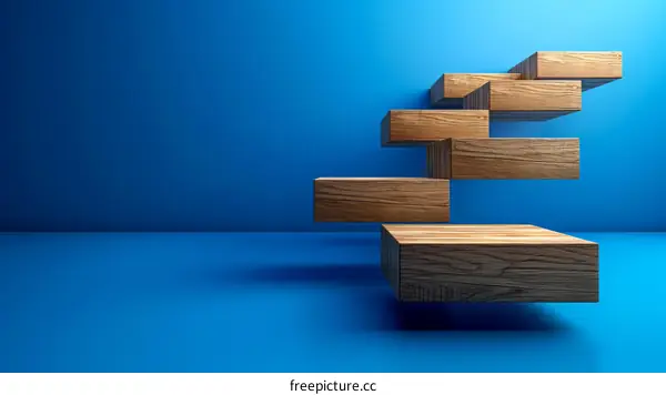 3D rendering of wooden podiums on blue background